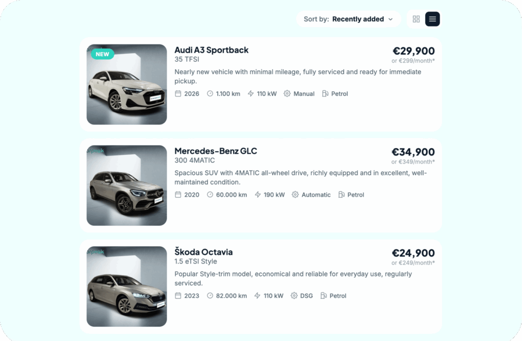 Vehicle listing created with CarPeak shown on a dealer website